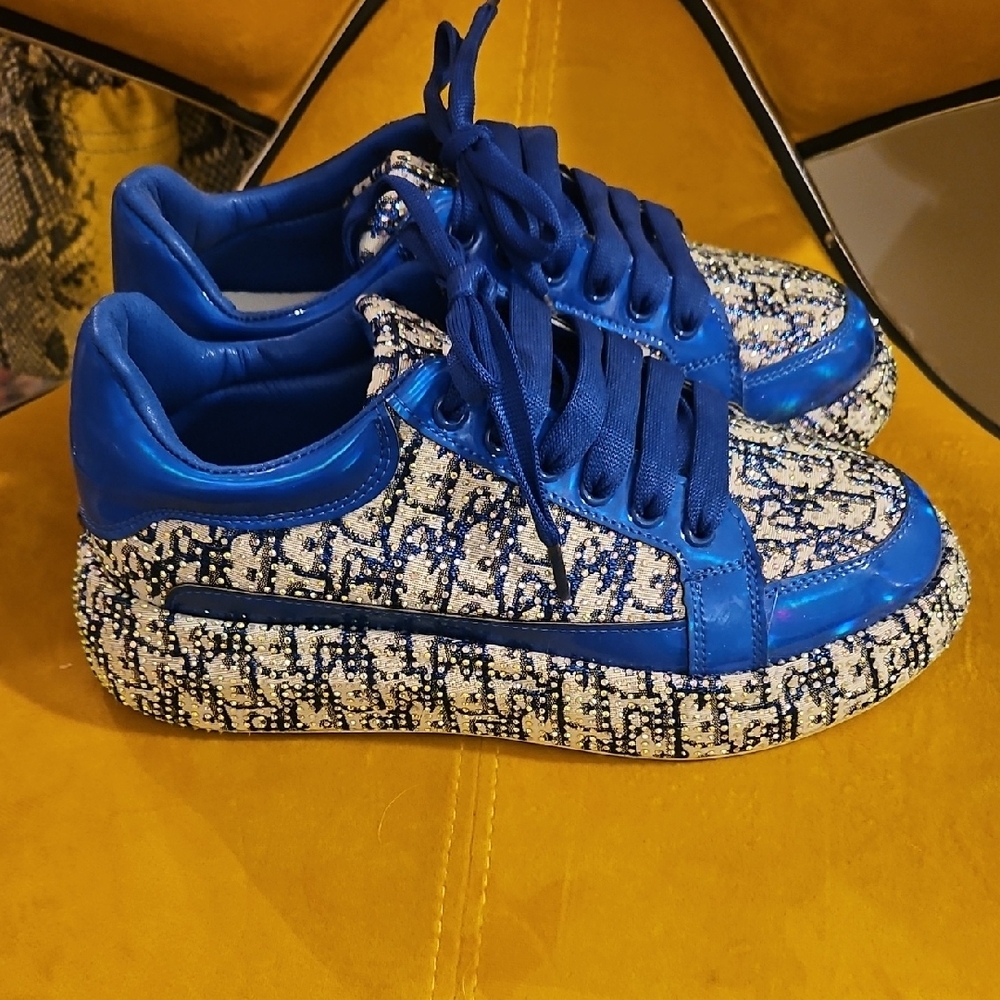 Christian Dior Like Royal Blue Patterned Lace-Up Sneakerswith CD logo - Picture 2 of 7